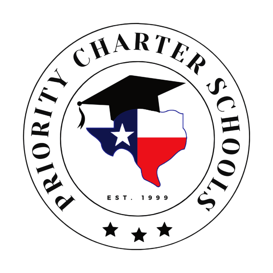 The logo of priority charter schools, featuring a graduation cap over an outline of texas with the state flag, established in 1999.