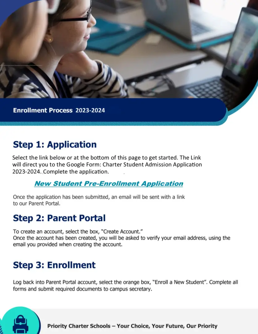Priority Charter Schools flyer for enrollment process.
