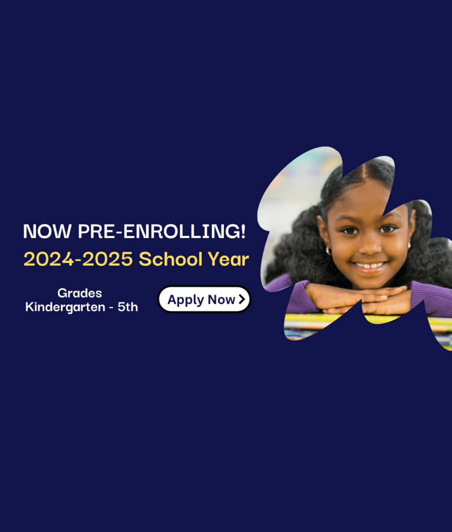 A promotional flyer for pre-enrollment at Priority Charter Schools for the 2024-2025 year, featuring a smiling young student in the foreground.