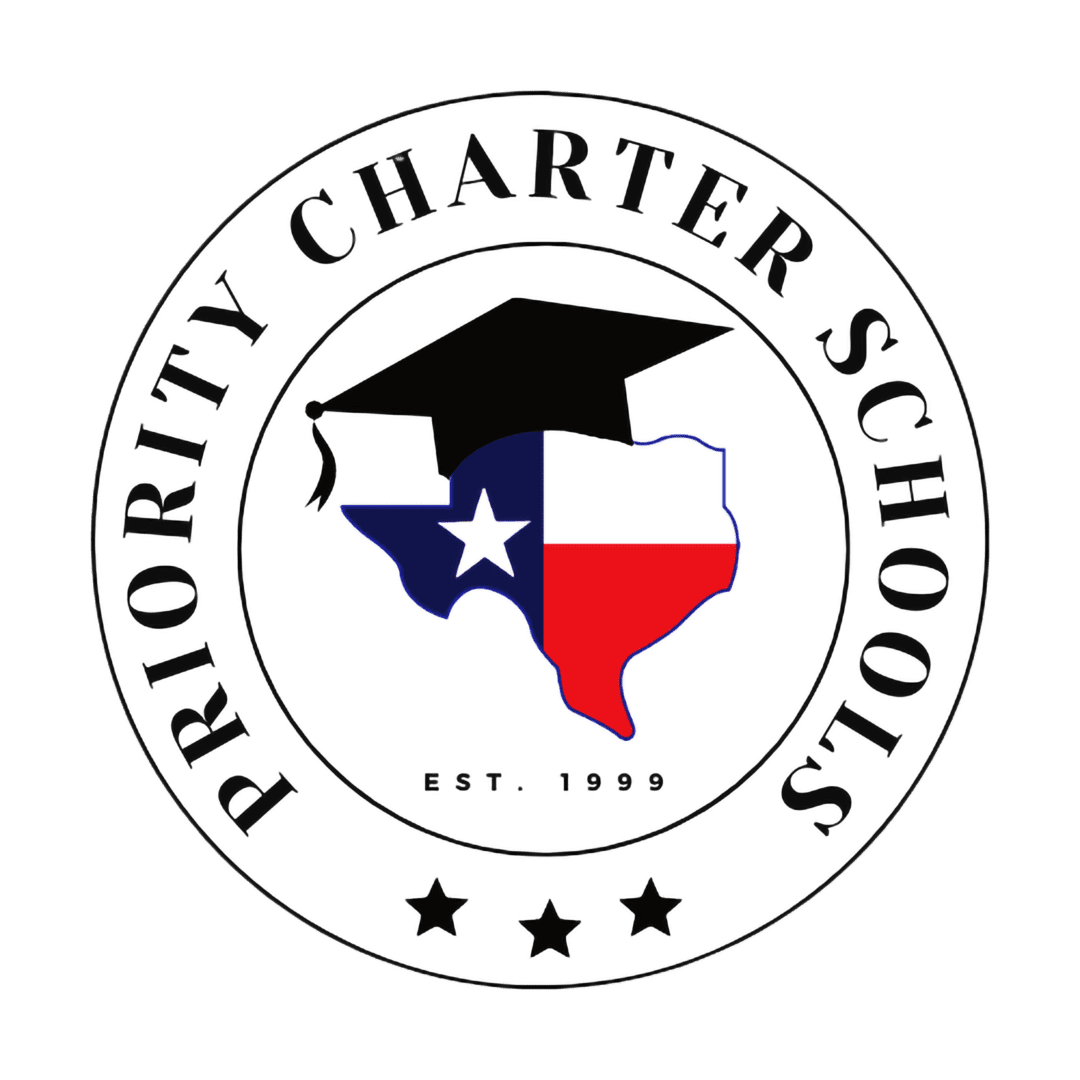 Logo of priority charter schools with a map of texas, a graduation cap, and the establishment date of 1999.